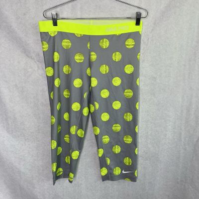 Nike Pro Womens Size Large Gray Neon Yellow Polka Dot Athletic Capri Leggings